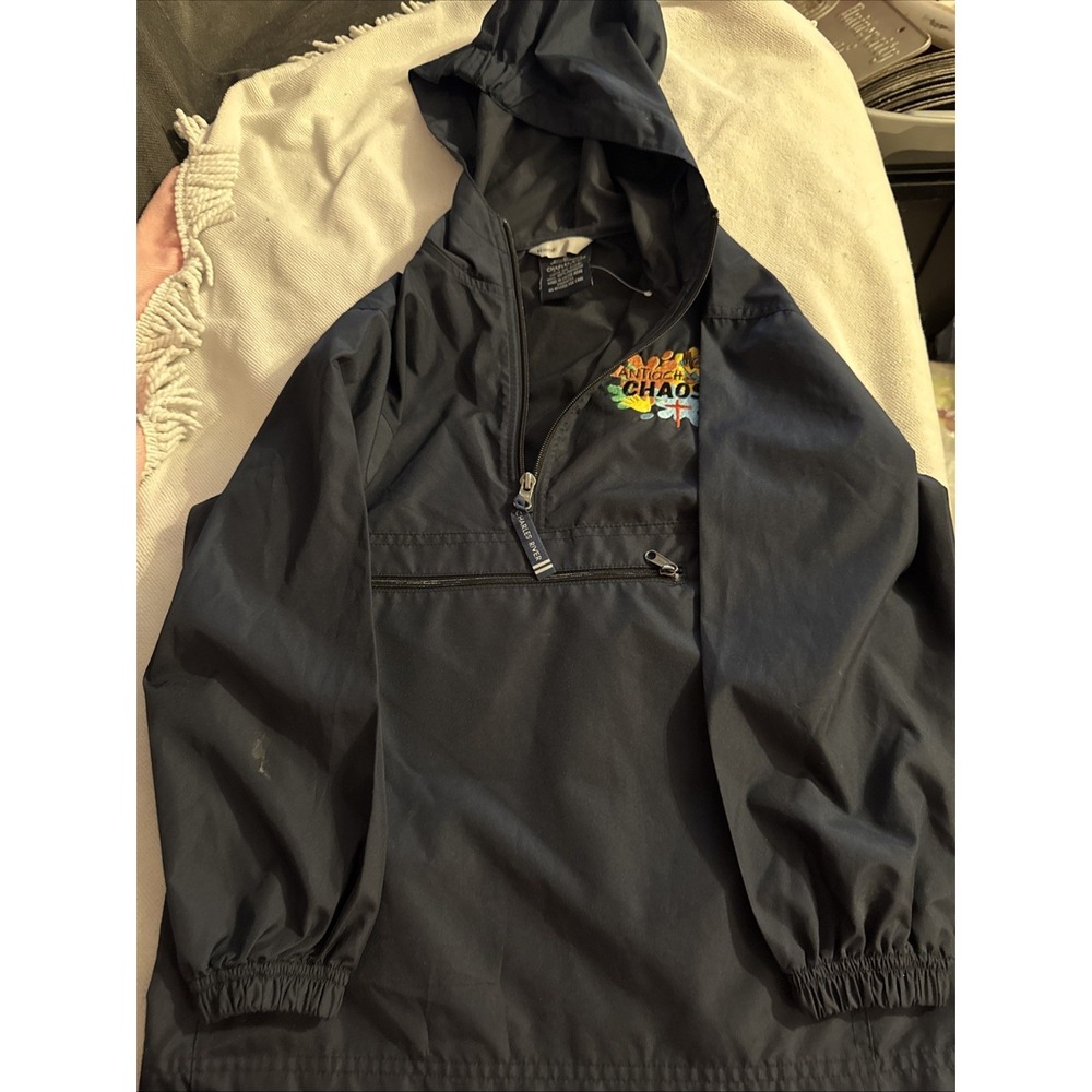 Charles River Kids Light Weight Jacket Size 7/8 Black Windbreaker Hood And Pocke